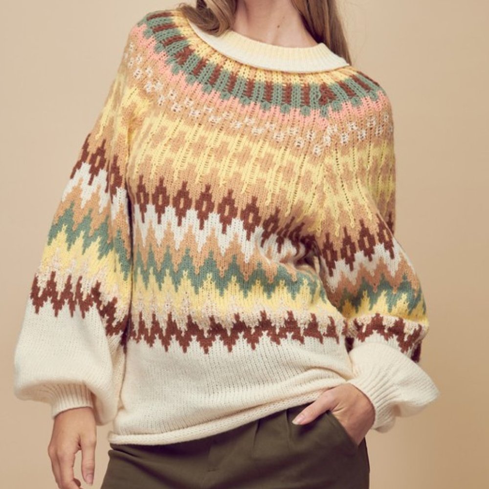Petal Dew Multicolored Rolled Hem Balloon Sleeve Sweater